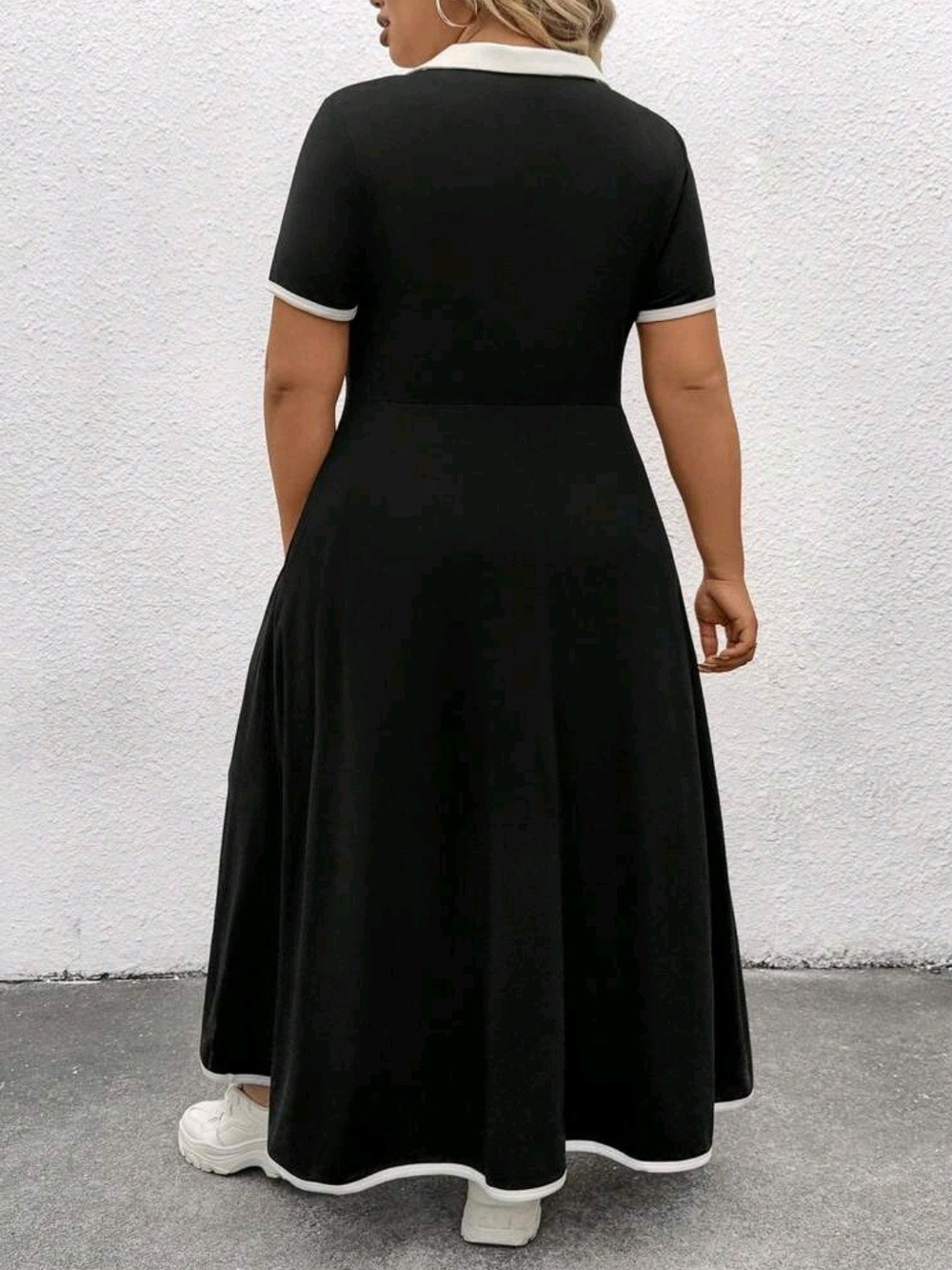 Plus-Size Black Maxi Dress with White Trim - Collared V-Neck - Picture 2 of 5